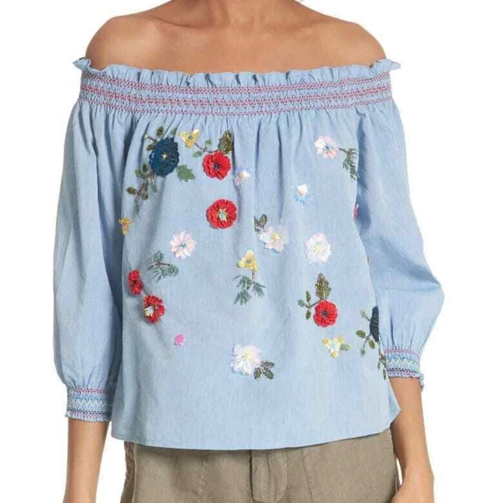 NWT Joie Off-the-Shoulder Floral Embroidered Chambray Top Blue Blouse Size XS - Picture 3 of 12